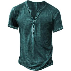 imageMens Distressed Henley Shirts Retro Short Sleeve Tee Shirts Casual Button Down Washed TShirts for Men1deep Green