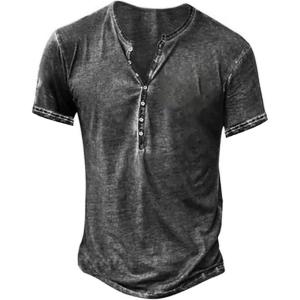 imageMens Distressed Henley Shirts Retro Short Sleeve Tee Shirts Casual Button Down Washed TShirts for Men1grey