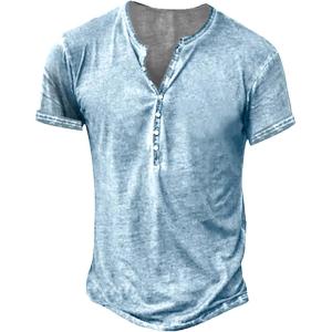 imageMens Distressed Henley Shirts Retro Short Sleeve Tee Shirts Casual Button Down Washed TShirts for Men1sky Blue