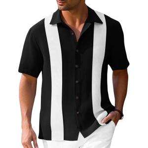 imageMens Vintage Bowling Shirts Short Sleeve Button Down Guayabera Beach Shirts for MenBlack