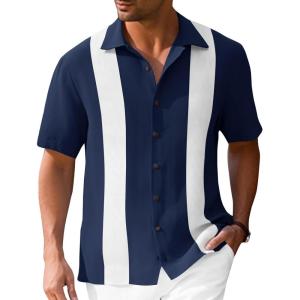 imageMens Vintage Bowling Shirts Short Sleeve Button Down Guayabera Beach Shirts for MenNavy Blue