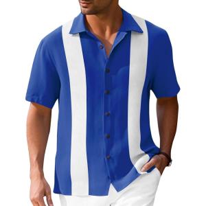 imageMens Vintage Bowling Shirts Short Sleeve Button Down Guayabera Beach Shirts for MenRoyal Blue
