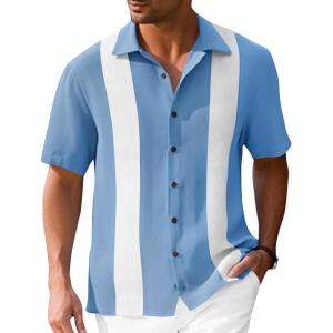 imageMens Vintage Bowling Shirts Short Sleeve Button Down Guayabera Beach Shirts for MenSky Blue