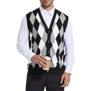 imageBeotyshow Mens Argyle Sweater Vests V Neck Sleeveless Cardigan Vest KnitwearBlack