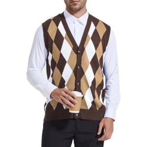 imageBeotyshow Mens Argyle Sweater Vests V Neck Sleeveless Cardigan Vest KnitwearBrown