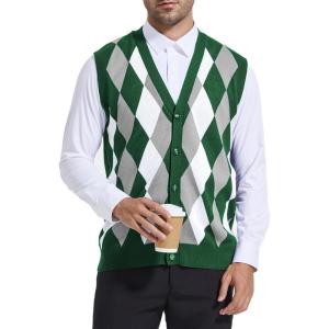imageBeotyshow Mens Argyle Sweater Vests V Neck Sleeveless Cardigan Vest KnitwearGreen