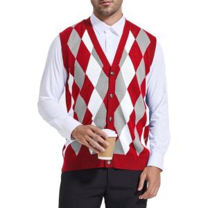 imageBeotyshow Mens Argyle Sweater Vests V Neck Sleeveless Cardigan Vest KnitwearRed