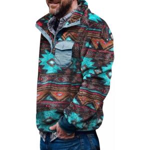 imageBeotyshow Mens Aztec Fleece Jackets Fuzzy Sherpa Pullover Sweatshirts Winter Coats Western Vintage Sweaters with PocketBlue