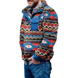 imageBeotyshow Mens Aztec Fleece Jackets Fuzzy Sherpa Pullover Sweatshirts Winter Coats Western Vintage Sweaters with PocketNavy
