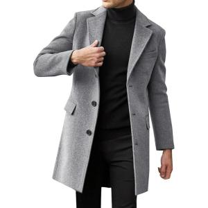 imageBeotyshow Mens Single Breasted Trench Coat Winter Pea Coat Notch Lapel Long Casual OvercoatGrey