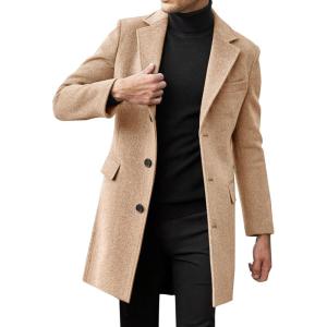 imageBeotyshow Mens Single Breasted Trench Coat Winter Pea Coat Notch Lapel Long Casual OvercoatKhaki