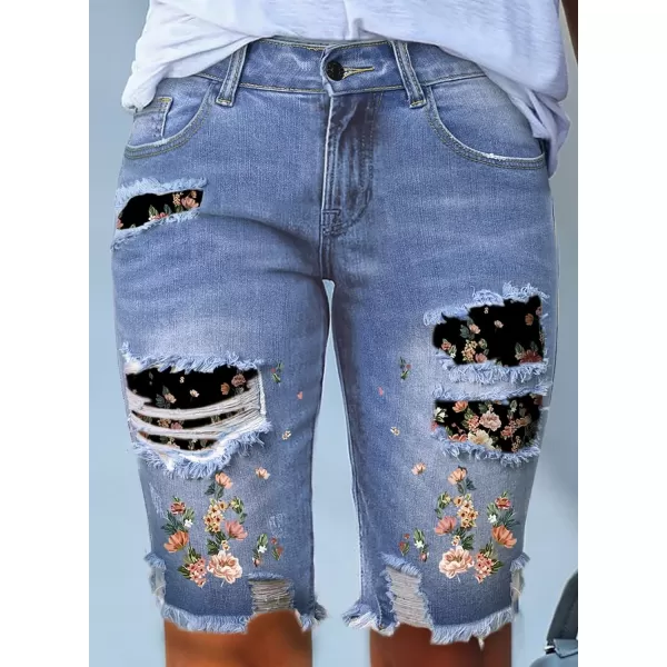 Sidefeel Women Bermuda Shorts Denim Destroyed Raw Hem Shorts Jeans