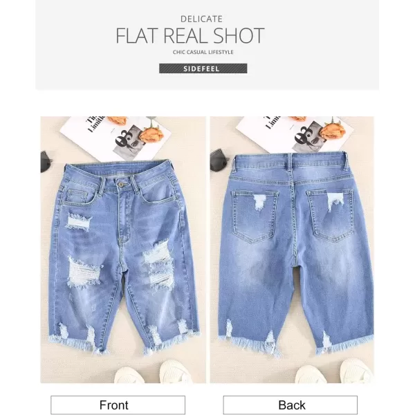 Sidefeel Women Bermuda Shorts Denim Destroyed Raw Hem Shorts Jeans