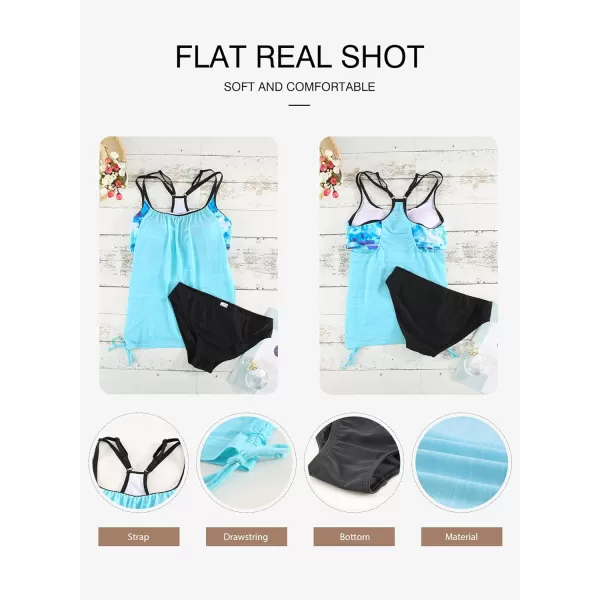 Sidefeel Women Blouson Striped Print Strappy T-Back Swimsuit Push up Tankini Set