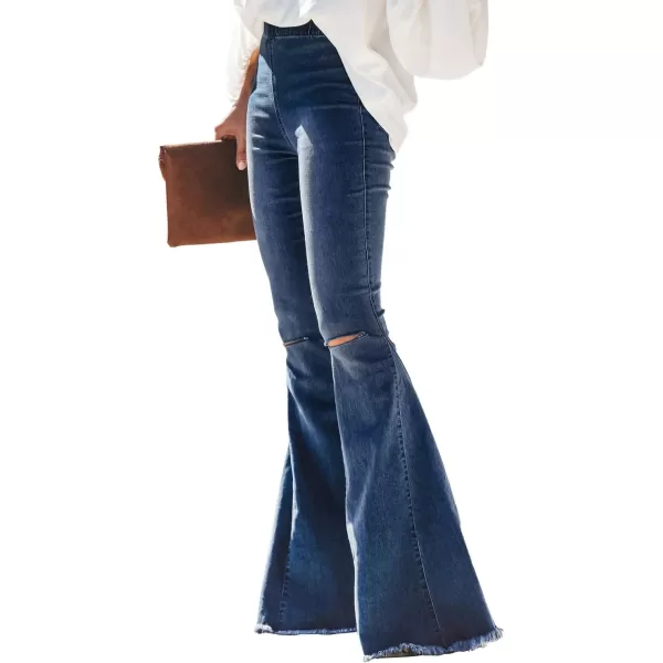 Sidefeel Women Destroyed Flare Jeans Elastic Waist Bell Bottom Raw Hem Denim Pants