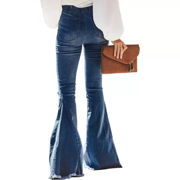 Sidefeel Women Destroyed Flare Jeans Elastic Waist Bell Bottom Raw Hem Denim Pants