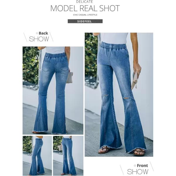 Sidefeel Women Destroyed Flare Jeans Elastic Waist Bell Bottom Raw Hem Denim Pants