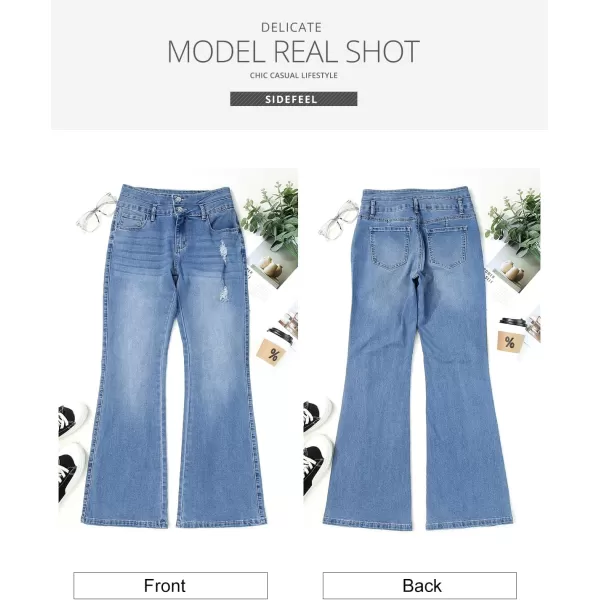 Sidefeel Women High Waisted Destroyed Flared Jeans Bell Bottom Denim Pants
