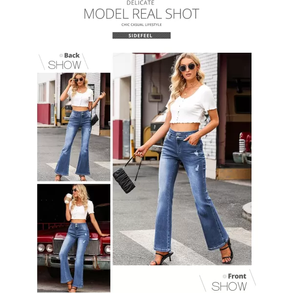 Sidefeel Women High Waisted Destroyed Flared Jeans Bell Bottom Denim Pants