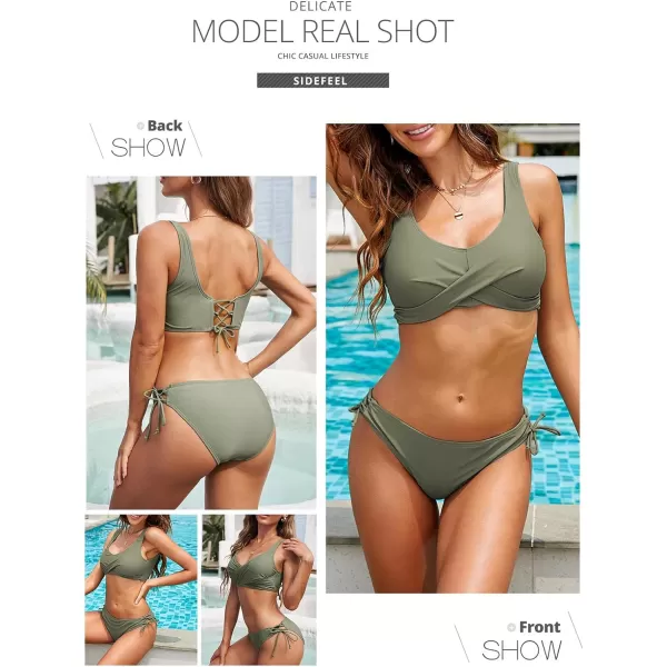 Sidefeel Women Stripes Halter Tummy Control Twist Bandeau Bikini Set Two Piece Swimsuits