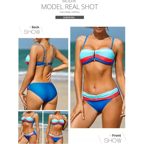 Sidefeel Women Stripes Halter Tummy Control Twist Bandeau Bikini Set Two Piece Swimsuits