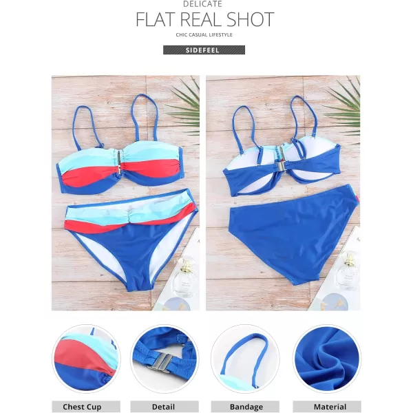 Sidefeel Women Stripes Halter Tummy Control Twist Bandeau Bikini Set Two Piece Swimsuits