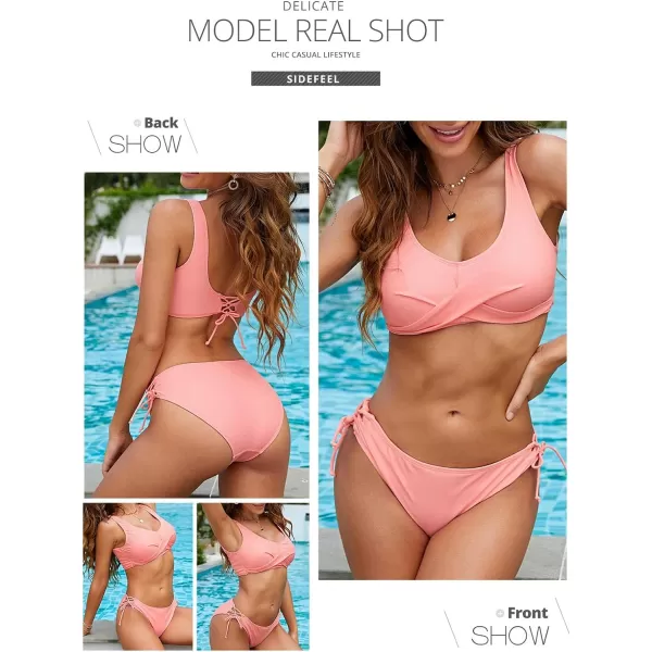 Sidefeel Women Stripes Halter Tummy Control Twist Bandeau Bikini Set Two Piece Swimsuits