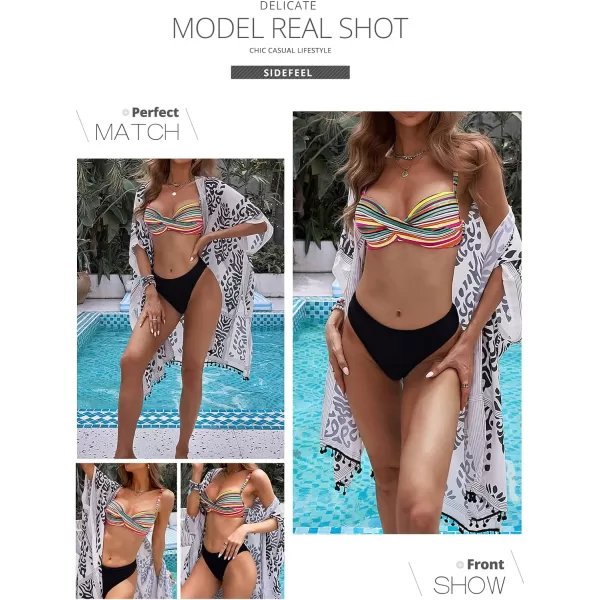Sidefeel Women Stripes Halter Tummy Control Twist Bandeau Bikini Set Two Piece Swimsuits