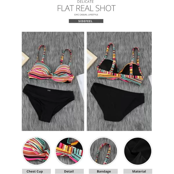 Sidefeel Women Stripes Halter Tummy Control Twist Bandeau Bikini Set Two Piece Swimsuits