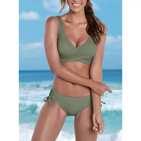 Sidefeel Women Stripes Halter Tummy Control Twist Bandeau Bikini Set Two Piece Swimsuits