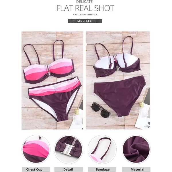 Sidefeel Women Stripes Halter Tummy Control Twist Bandeau Bikini Set Two Piece Swimsuits
