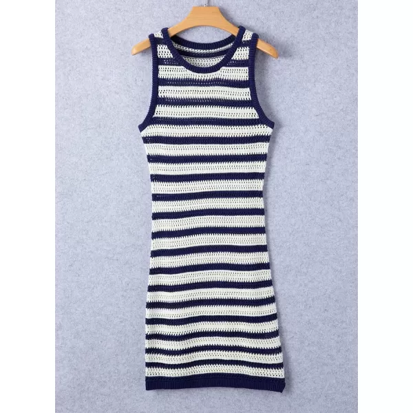 Sidefeel Womens 2024 Summer Hollow Out Crochet Dresses Casual Vacation Striped Crewneck Sleeveless Bodycon Beach Sundress