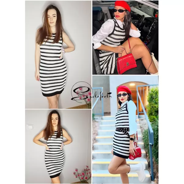 Sidefeel Womens 2024 Summer Hollow Out Crochet Dresses Casual Vacation Striped Crewneck Sleeveless Bodycon Beach Sundress
