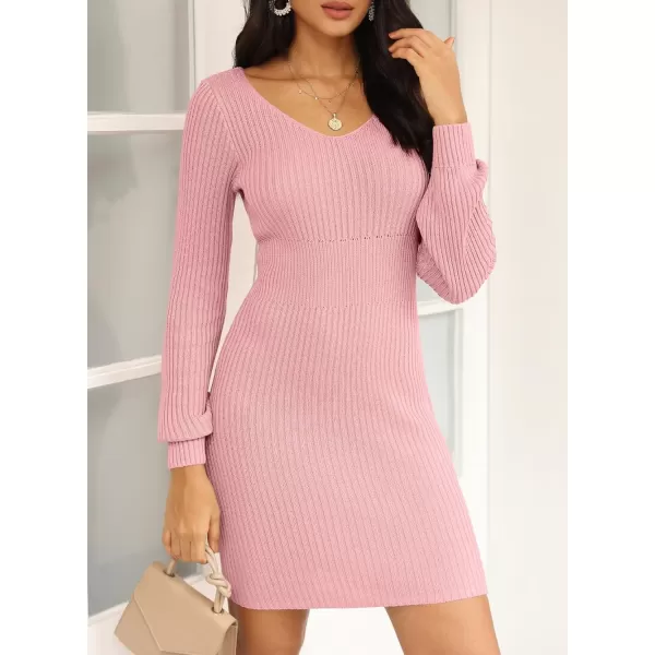 Sidefeel Womens 2024 Winter Ribbed Knit Sweater Dress Casual Long Sleeve Fall Dresses Sexy V Neck Bodycon Mini Dress