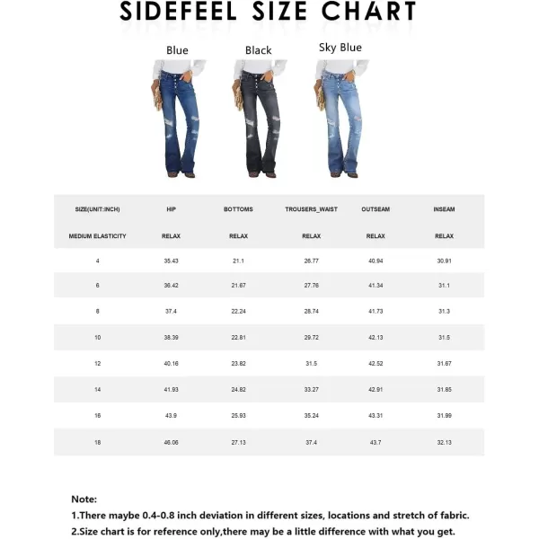Sidefeel Women's Bell Bottom Button Fly Bootcut Jeans Ripped Flared Denim Pants