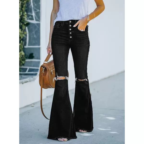 Sidefeel Women's Bell Bottom Button Fly Bootcut Jeans Ripped Flared Denim Pants