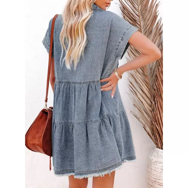 Sidefeel Womens Buttoned Frayed Pocket Short Sleeve Denim Jean Dresses