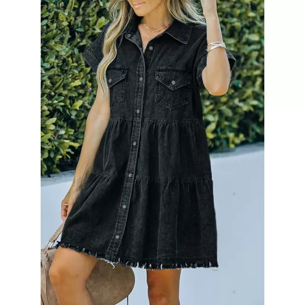 Sidefeel Womens Buttoned Frayed Pocket Short Sleeve Denim Jean Dresses