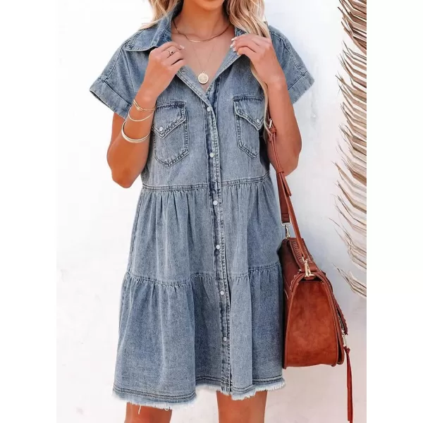 Sidefeel Womens Buttoned Frayed Pocket Short Sleeve Denim Jean Dresses