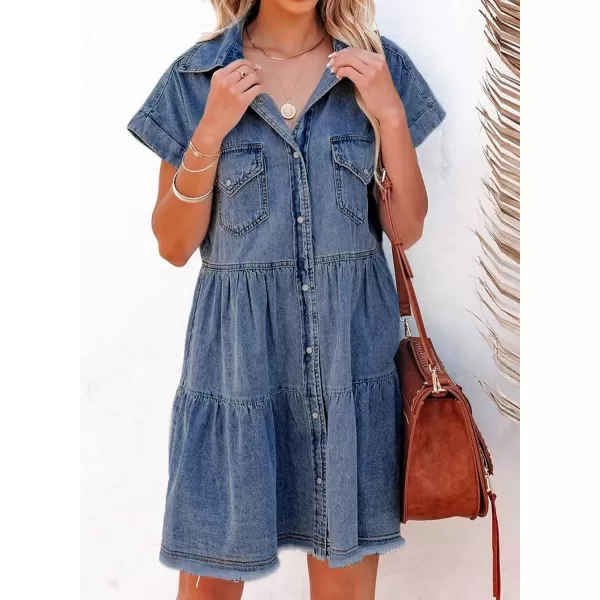 Sidefeel Womens Buttoned Frayed Pocket Short Sleeve Denim Jean Dresses