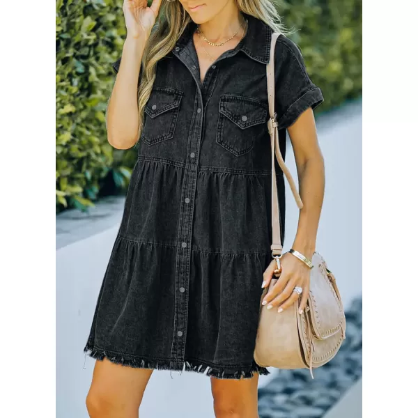 Sidefeel Womens Buttoned Frayed Pocket Short Sleeve Denim Jean Dresses