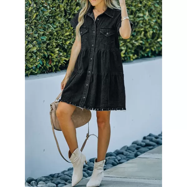 Sidefeel Womens Buttoned Frayed Pocket Short Sleeve Denim Jean Dresses