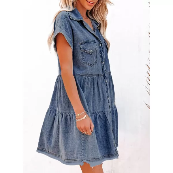 Sidefeel Womens Buttoned Frayed Pocket Short Sleeve Denim Jean Dresses
