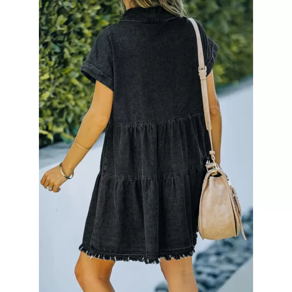Sidefeel Womens Buttoned Frayed Pocket Short Sleeve Denim Jean Dresses
