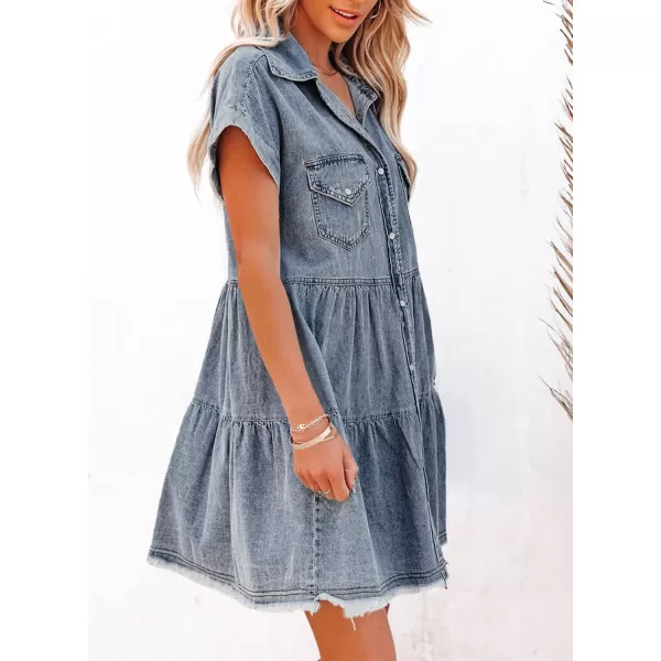 Sidefeel Womens Buttoned Frayed Pocket Short Sleeve Denim Jean Dresses