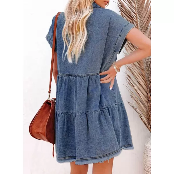 Sidefeel Womens Buttoned Frayed Pocket Short Sleeve Denim Jean Dresses