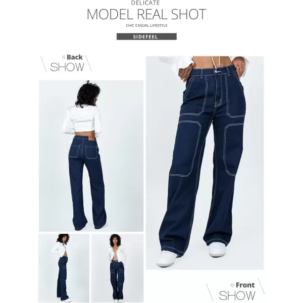 Sidefeel Women's Cargo Jeans Casual Loose Mid Rise Wide Leg Denim Pants