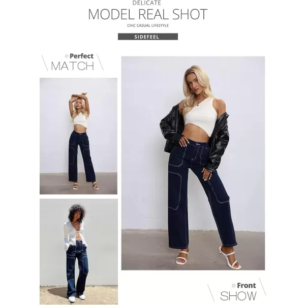 Sidefeel Women's Cargo Jeans Casual Loose Mid Rise Wide Leg Denim Pants