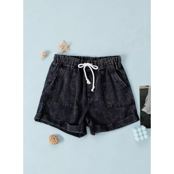 Sidefeel Womens Casual Elastic Waist Rolled Hem Denim Shorts Drawstring Loose Fit Jean Shorts