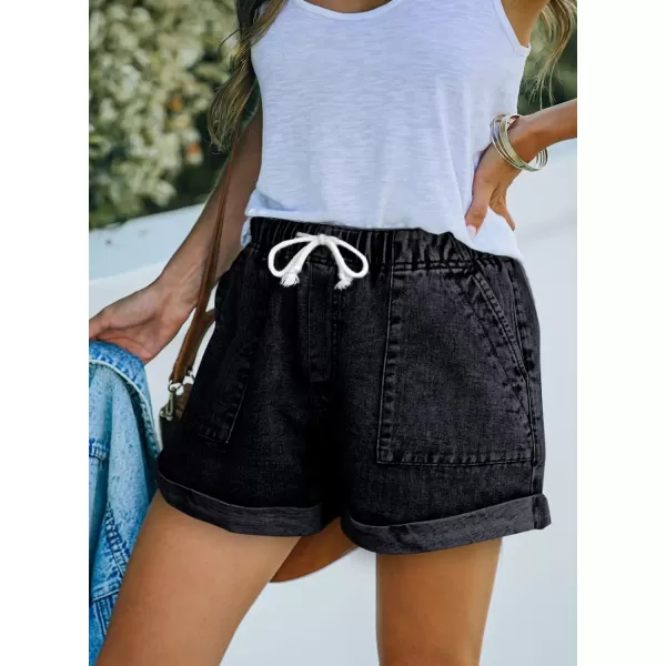 Sidefeel Womens Casual Elastic Waist Rolled Hem Denim Shorts Drawstring Loose Fit Jean Shorts